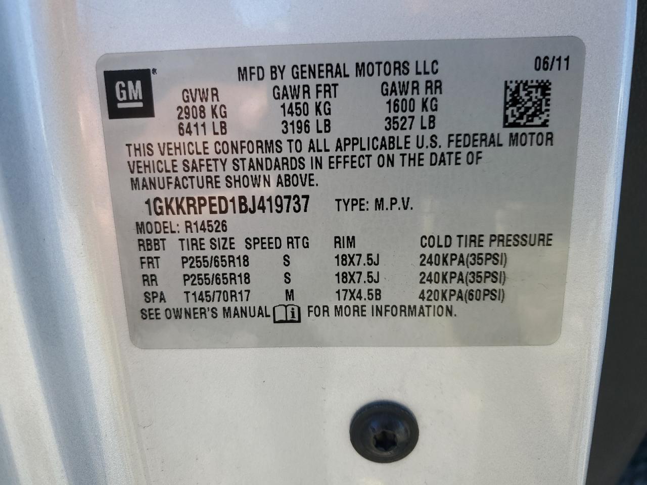 2011 GMC Acadia Sle VIN: 1GKKRPED1BJ419737 Lot: 86806075