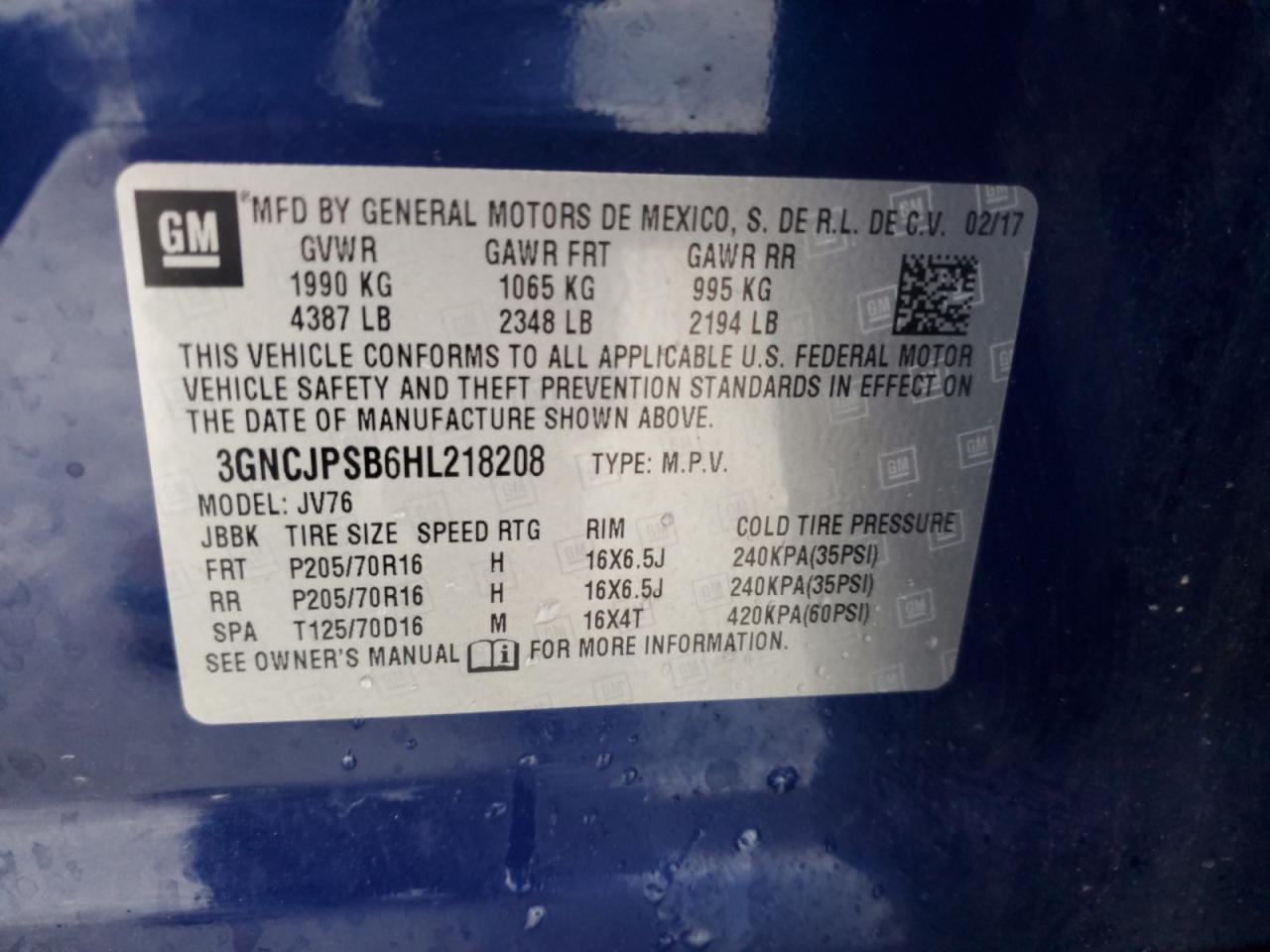 2017 Chevrolet Trax 1Lt VIN: 3GNCJPSB6HL218208 Lot: 85127685