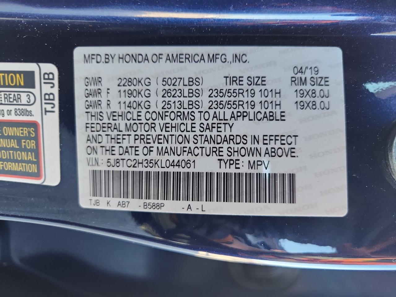 2019 Acura Rdx VIN: 5J8TC2H35KL044061 Lot: 85319215