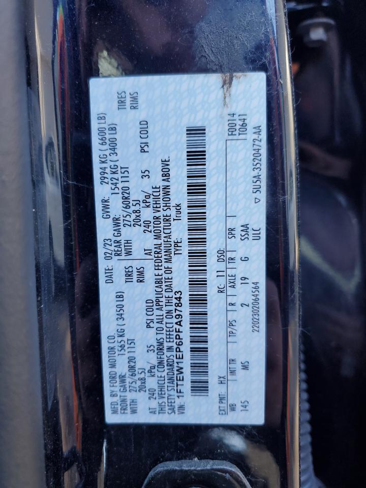 2023 Ford F150 Supercrew VIN: 1FTEW1EP6PFA97843 Lot: 87008155