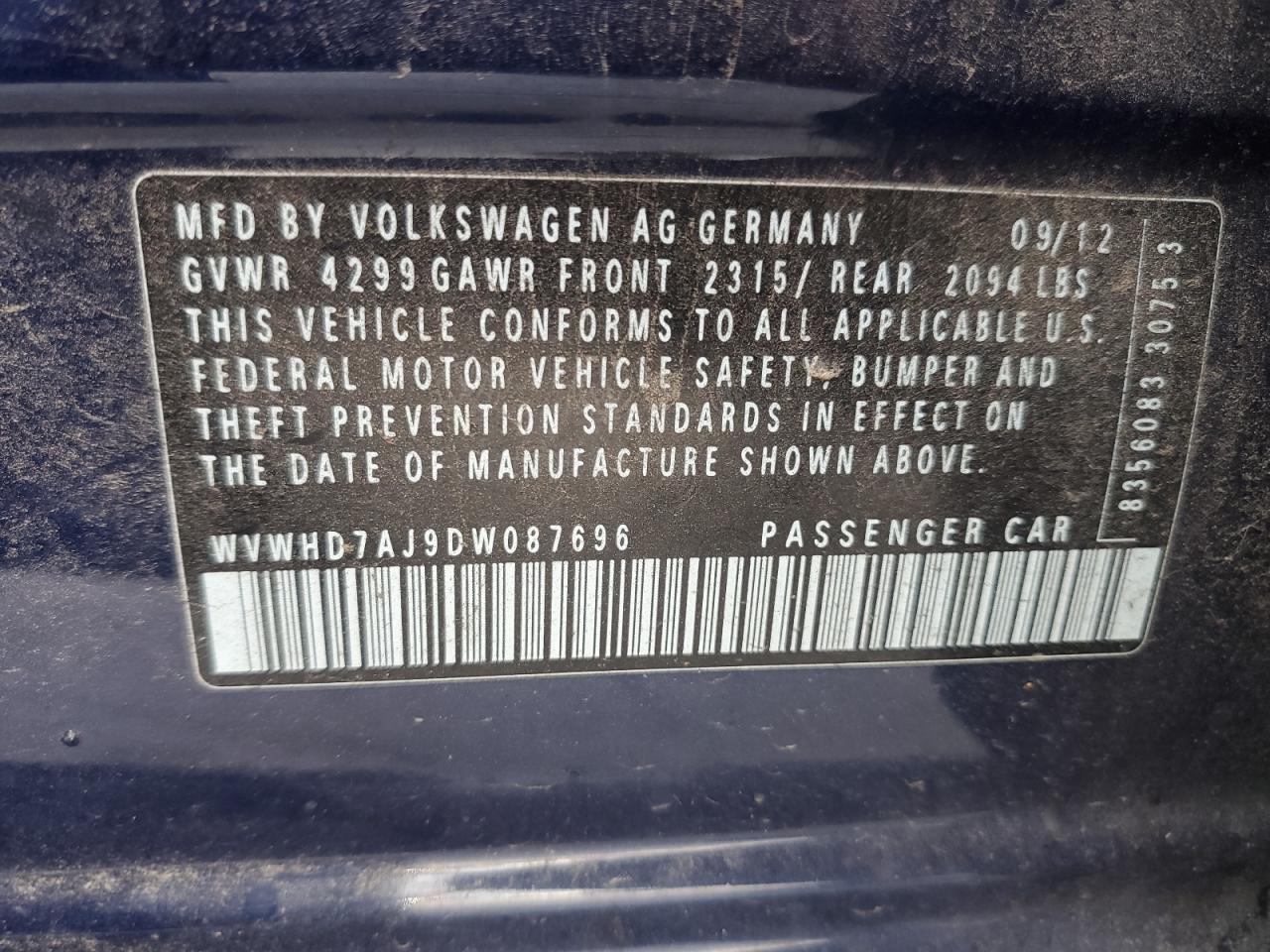 2013 Volkswagen Gti VIN: WVWHD7AJ9DW087696 Lot: 89800895