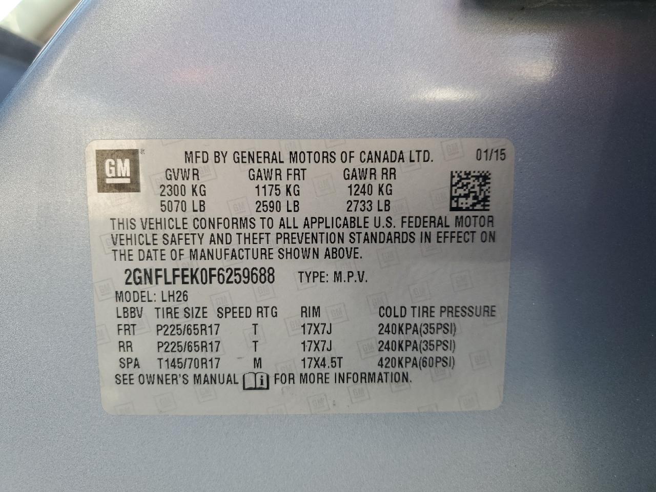 2015 Chevrolet Equinox Lt VIN: 2GNFLFEK0F6259688 Lot: 84762185