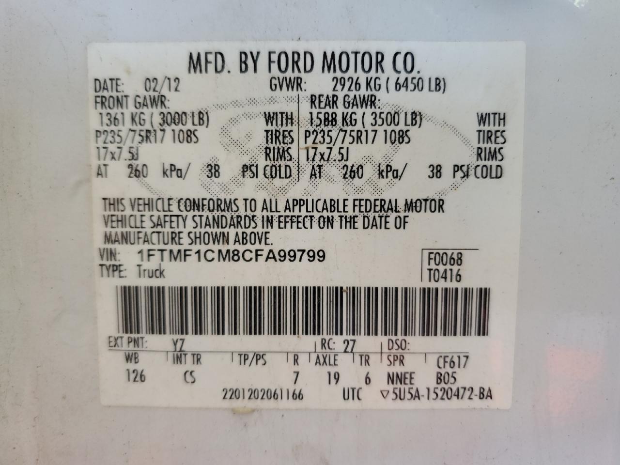 2012 Ford F150 VIN: 1FTMF1CM8CFA99799 Lot: 86820025