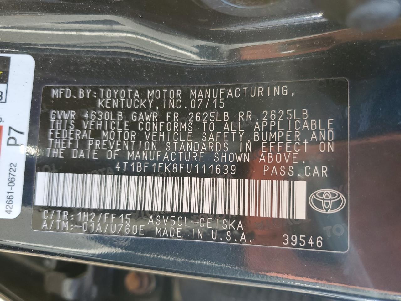 2015 Toyota Camry Le VIN: 4T1BF1FK8FU111639 Lot: 84919605