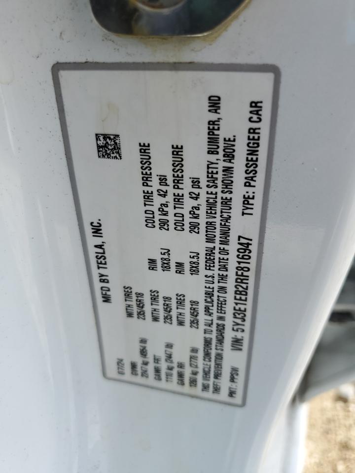 2024 Tesla Model 3 VIN: 5YJ3E1EB2RF816947 Lot: 85330265