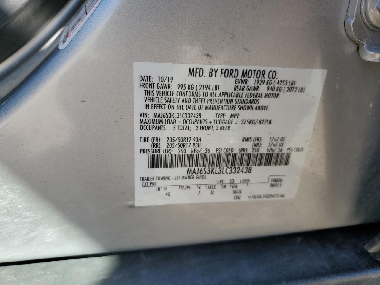 2020 Ford Ecosport Titanium VIN: MAJ6S3KL3LC332438 Lot: 82395745