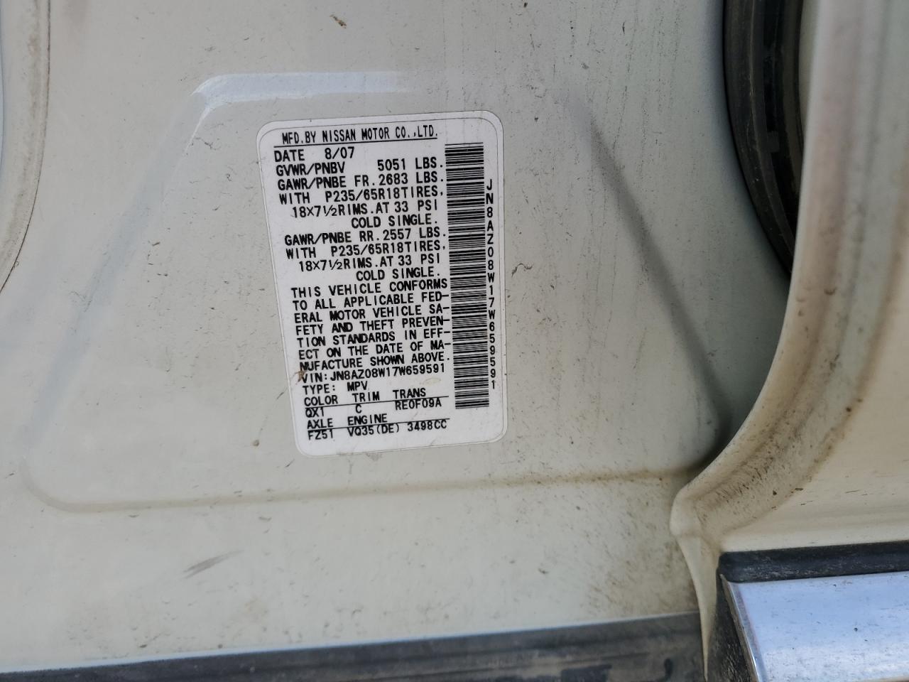 2007 Nissan Murano Sl VIN: JN8AZ08W17W659591 Lot: 85852375