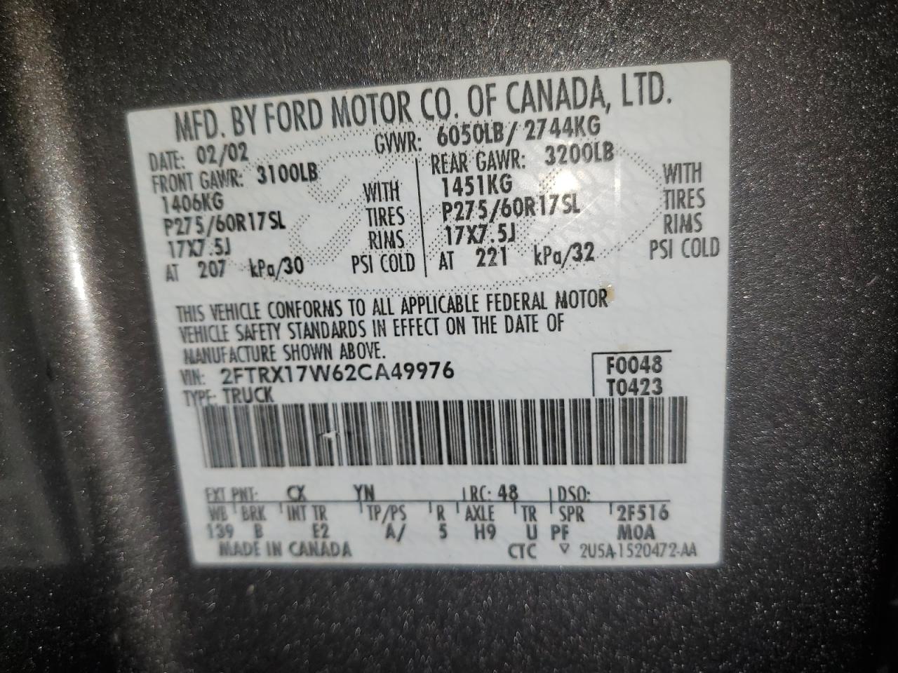 2002 Ford F150 VIN: 2FTRX17W62CA49976 Lot: 82428545