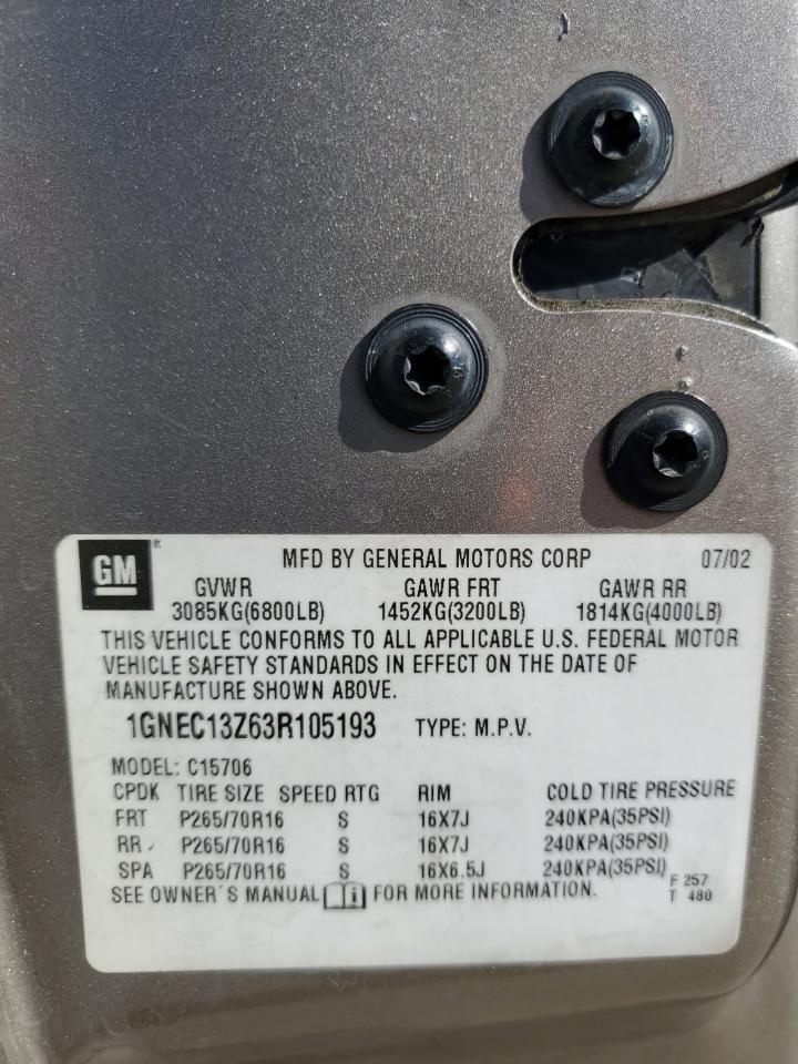 2003 Chevrolet Tahoe C1500 VIN: 1GNEC13Z63R105193 Lot: 87423365