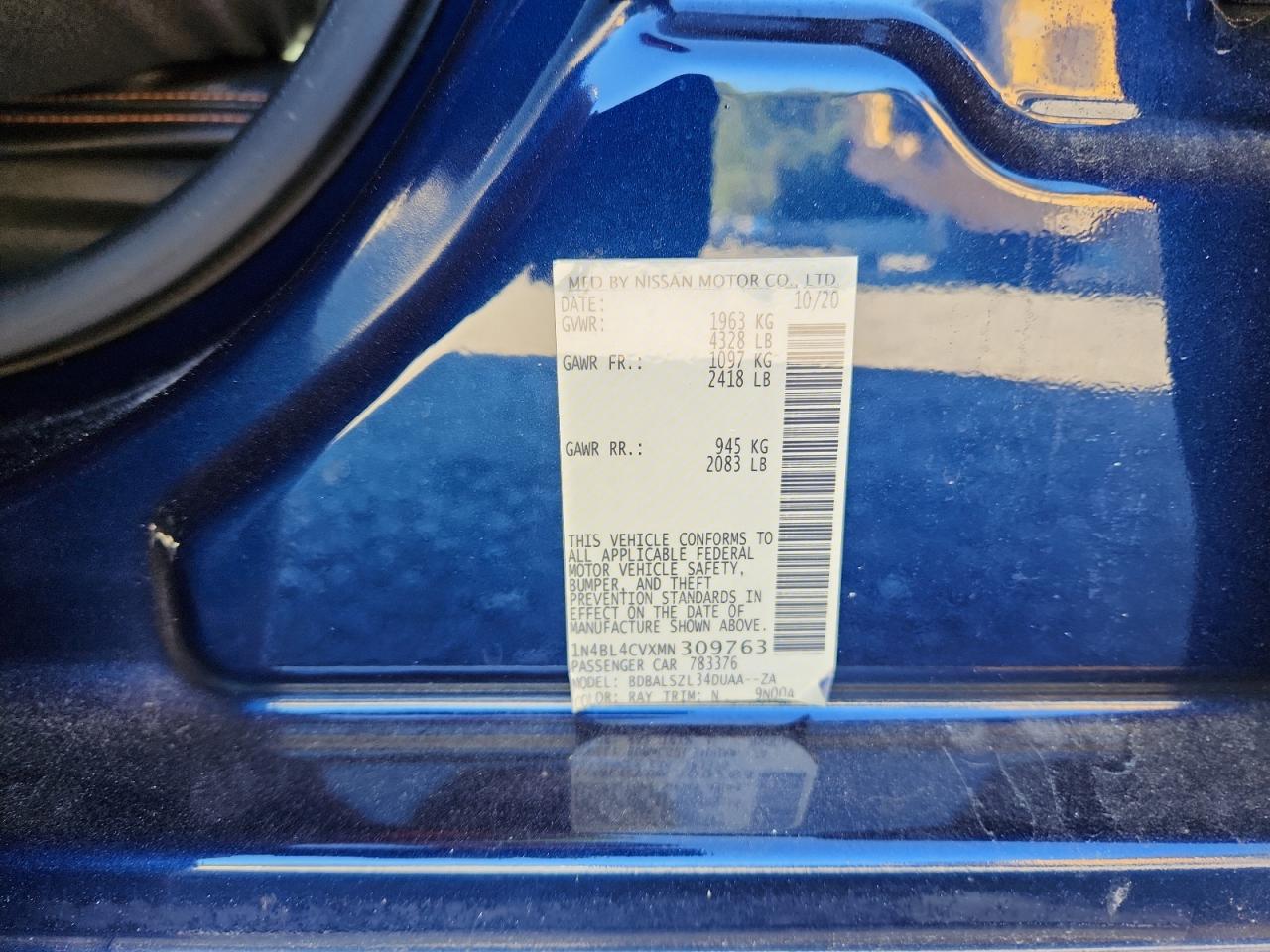 2021 Nissan Altima Sr VIN: 1N4BL4CVXMN309763 Lot: 82185255