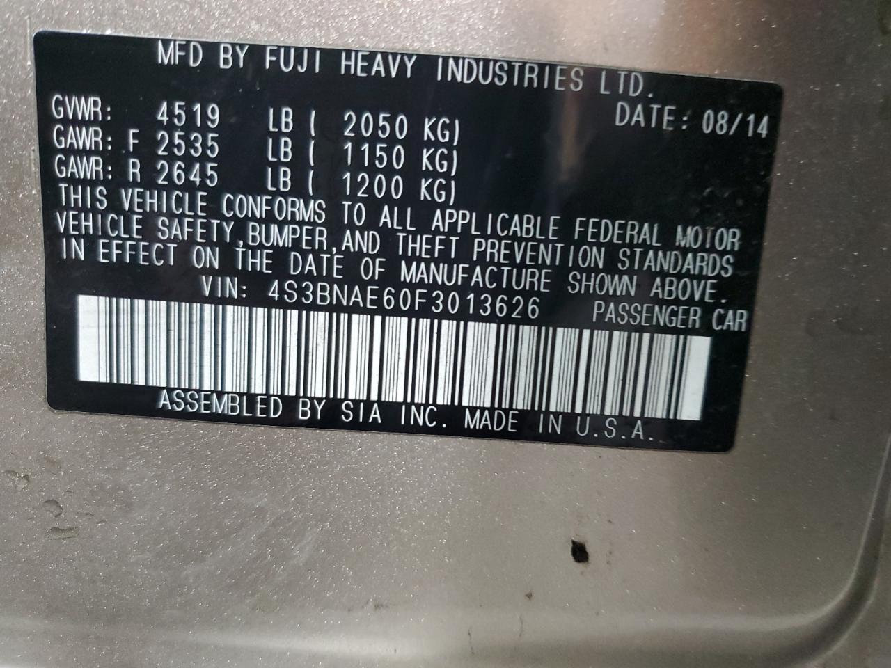 2015 Subaru Legacy 2.5I Premium VIN: 4S3BNAE60F3013626 Lot: 85192595