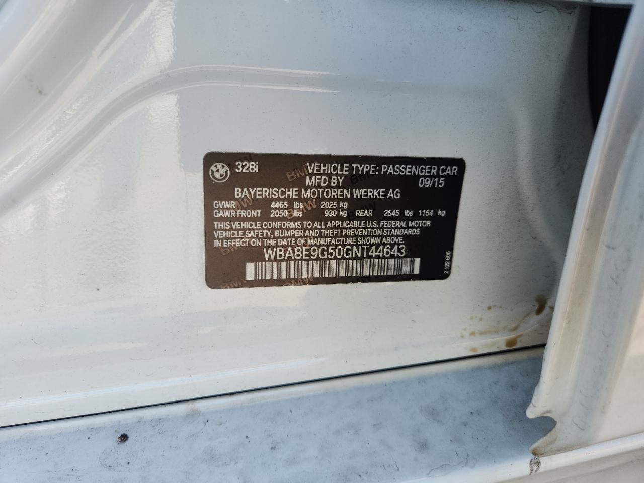 2016 BMW 328 I Sulev VIN: WBA8E9G50GNT44643 Lot: 85128665