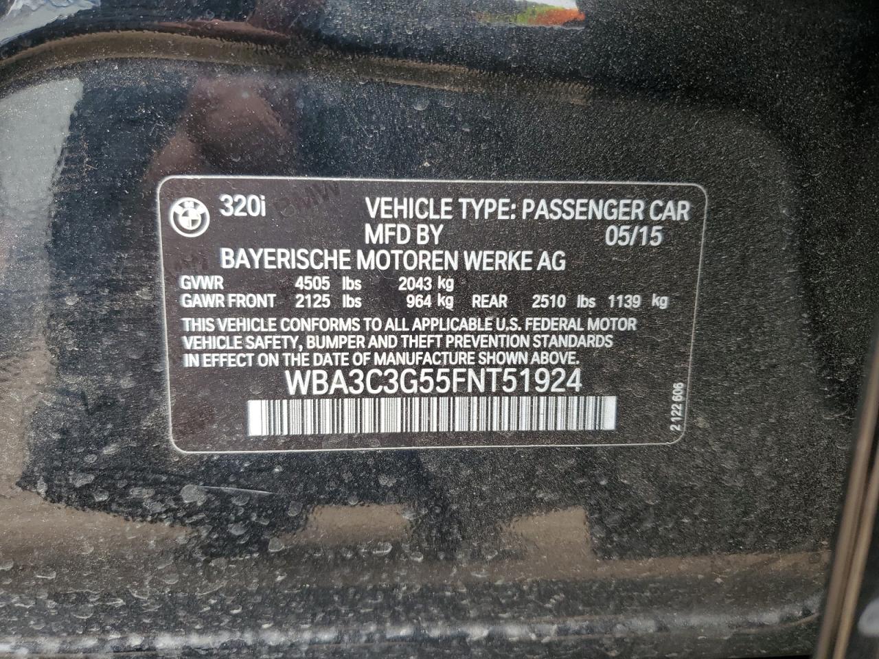 2015 BMW 320 I xDrive VIN: WBA3C3G55FNT51924 Lot: 85297635