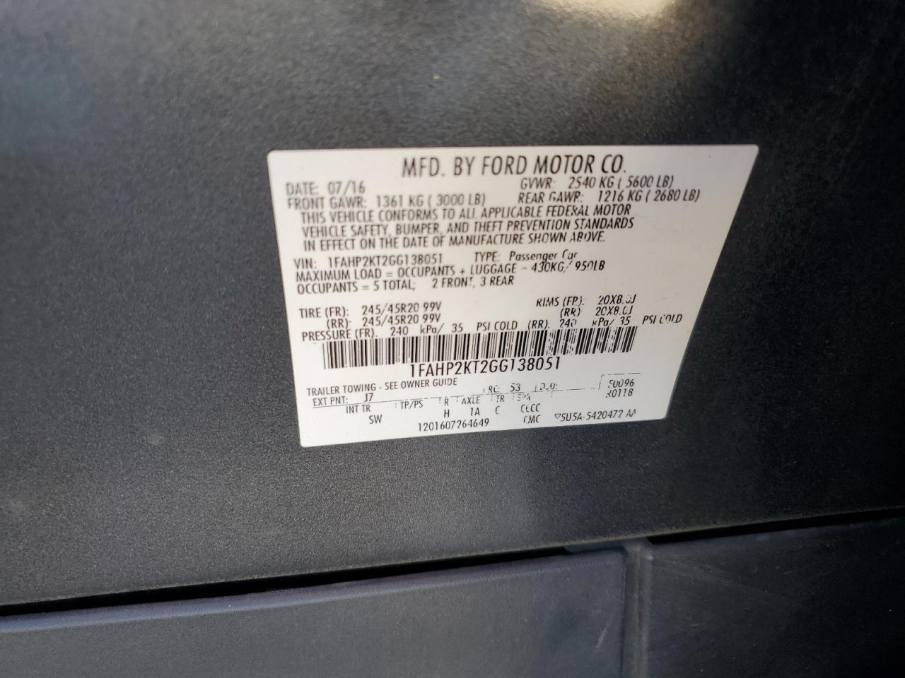 2016 Ford Taurus Sho VIN: 1FAHP2KT2GG138051 Lot: 85387065