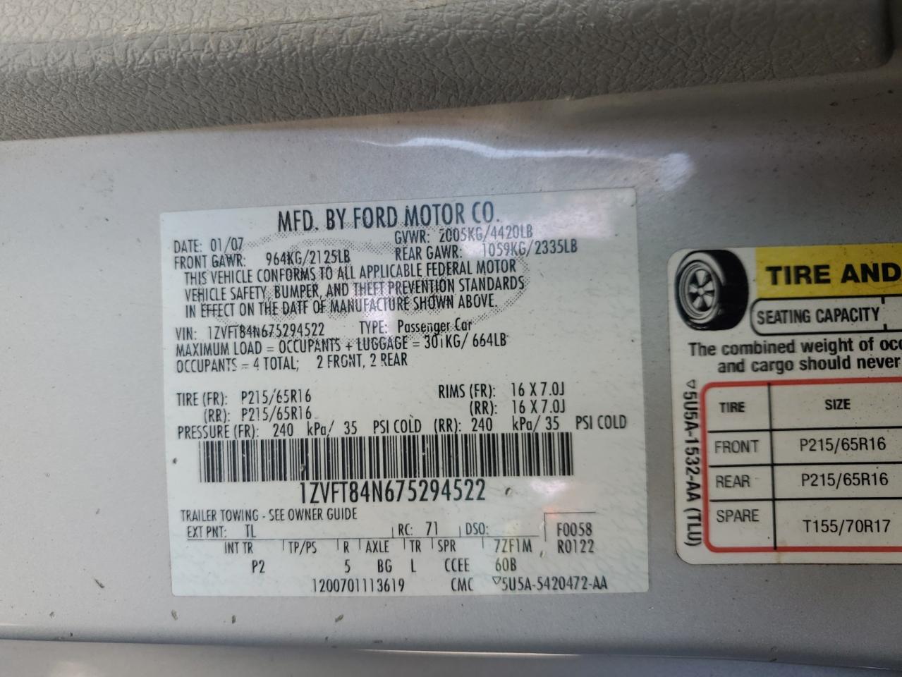 2007 Ford Mustang VIN: 1ZVFT84N675294522 Lot: 82218525