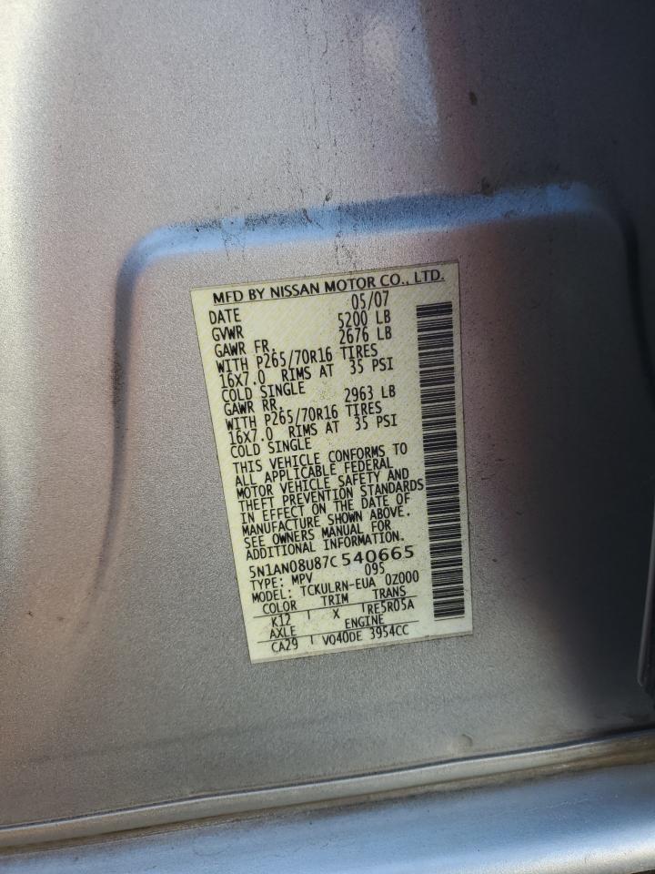 2007 Nissan Xterra Off Road VIN: 5N1AN08U87C540665 Lot: 85117445