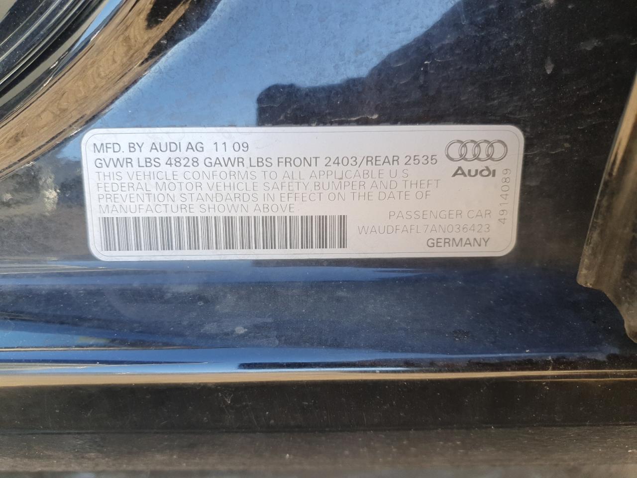 2010 Audi A4 Premium VIN: WAUDFAFL7AN036423 Lot: 87314595