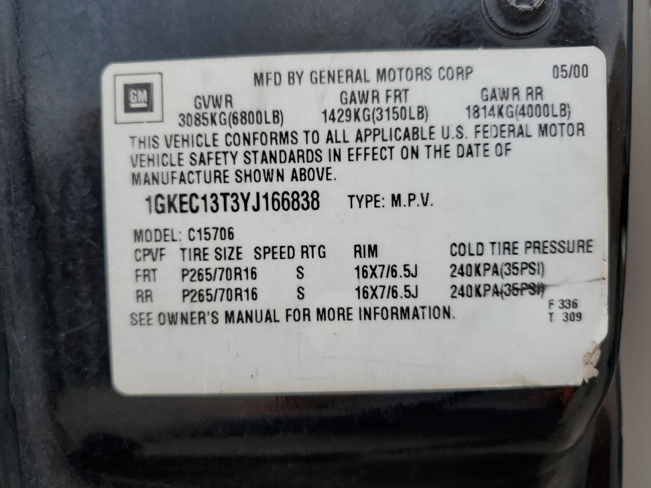 2000 GMC Yukon VIN: 1GKEC13T3YJ166838 Lot: 82201705