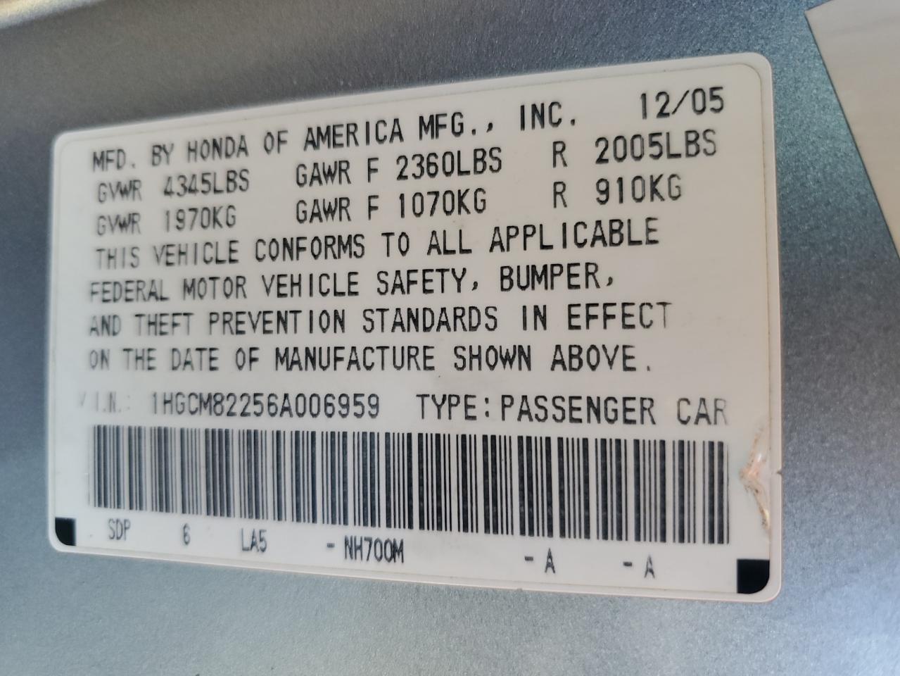 2006 Honda Accord Lx VIN: 1HGCM82256A006959 Lot: 86554165