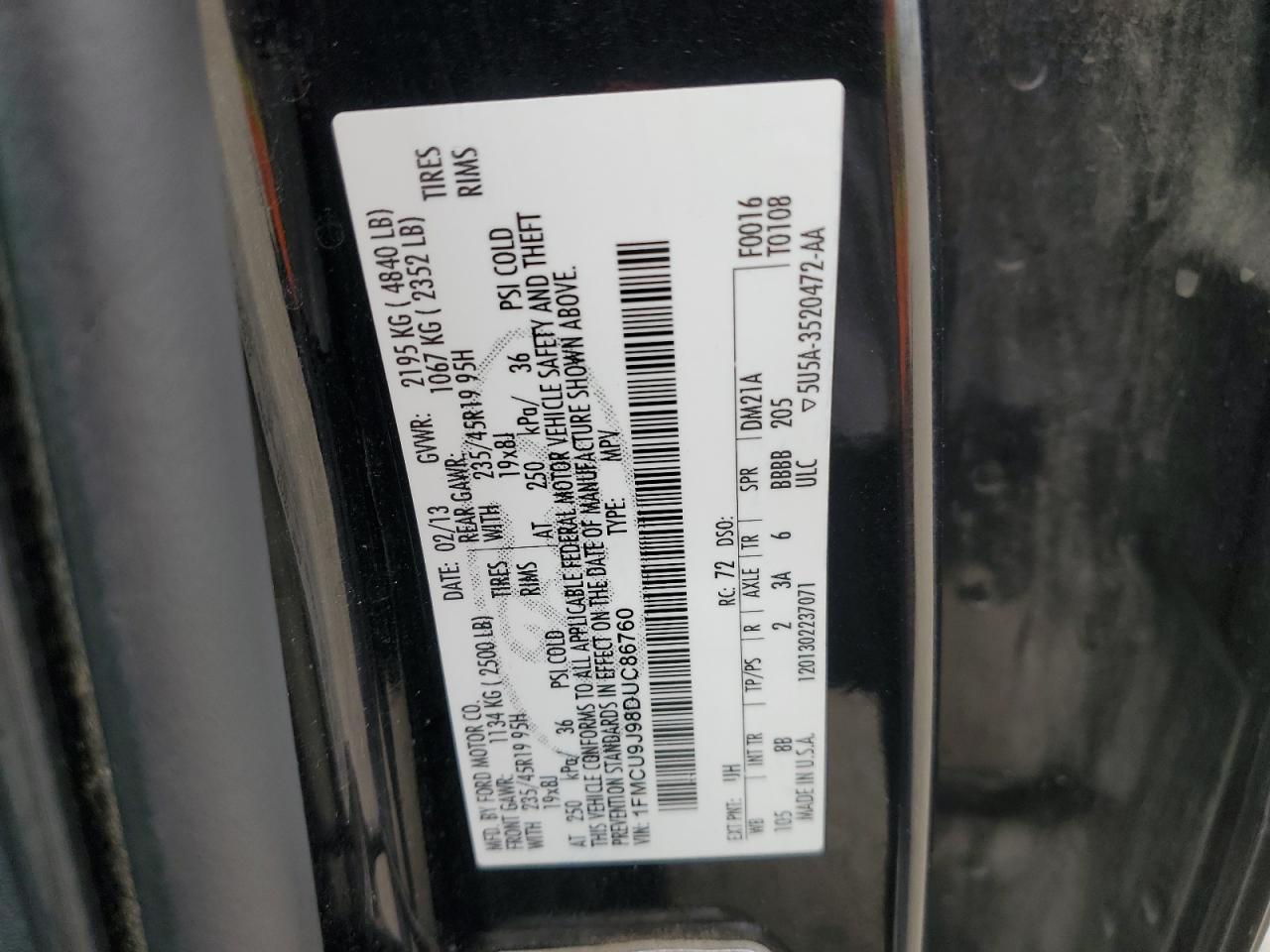 2013 Ford Escape Titanium VIN: 1FMCU9J98DUC86760 Lot: 85710975