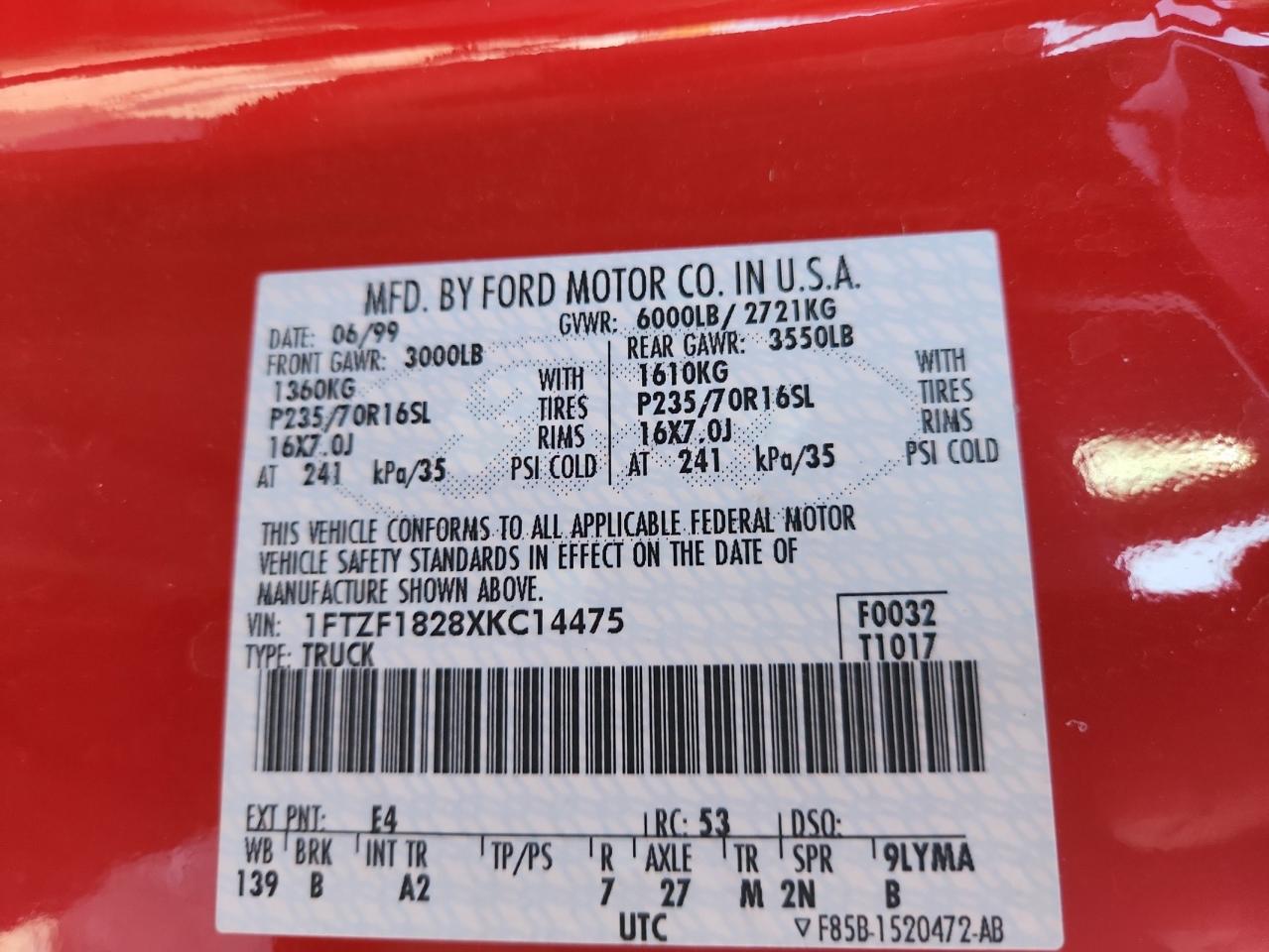 1999 Ford F150 VIN: 1FTZF1828XKC14475 Lot: 89442305