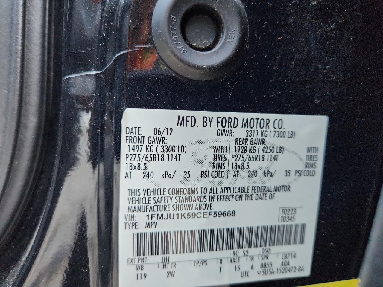 2012 Ford Expedition Limited VIN: 1FMJU1K59CEF59668 Lot: 85764725