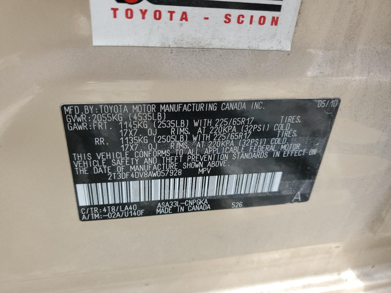 2010 Toyota Rav4 Limited VIN: 2T3DF4DV8AW057928 Lot: 87211125