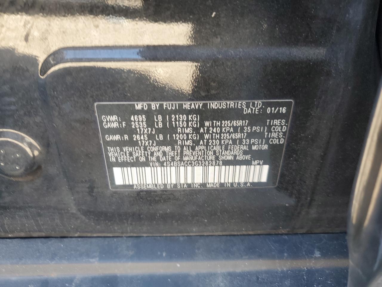 2016 Subaru Outback 2.5I Premium VIN: 4S4BSACC3G3282878 Lot: 85815365
