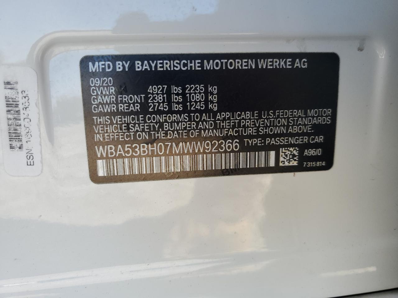 2021 BMW 530 I VIN: WBA53BH07MWW92366 Lot: 90548885