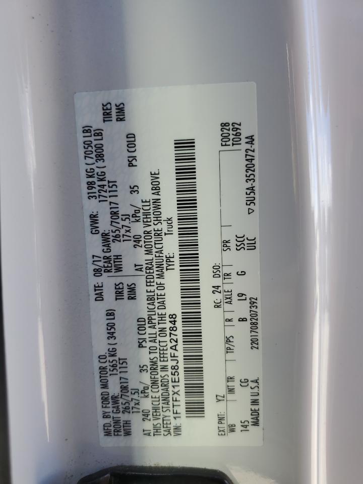 2018 Ford F150 Super Cab VIN: 1FTFX1E58JFA27848 Lot: 85555845