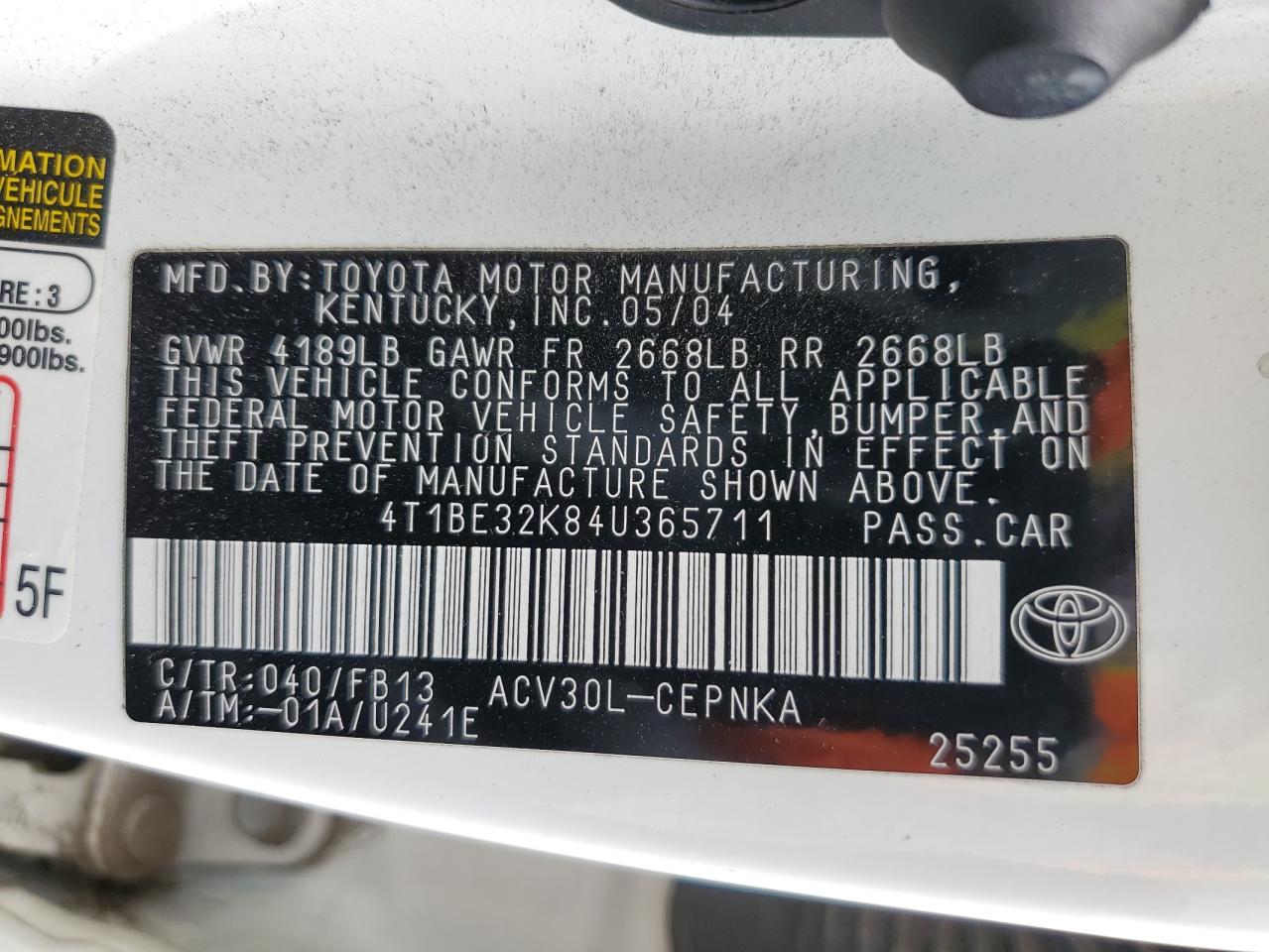 2004 Toyota Camry Le VIN: 4T1BE32K84U365711 Lot: 86502345