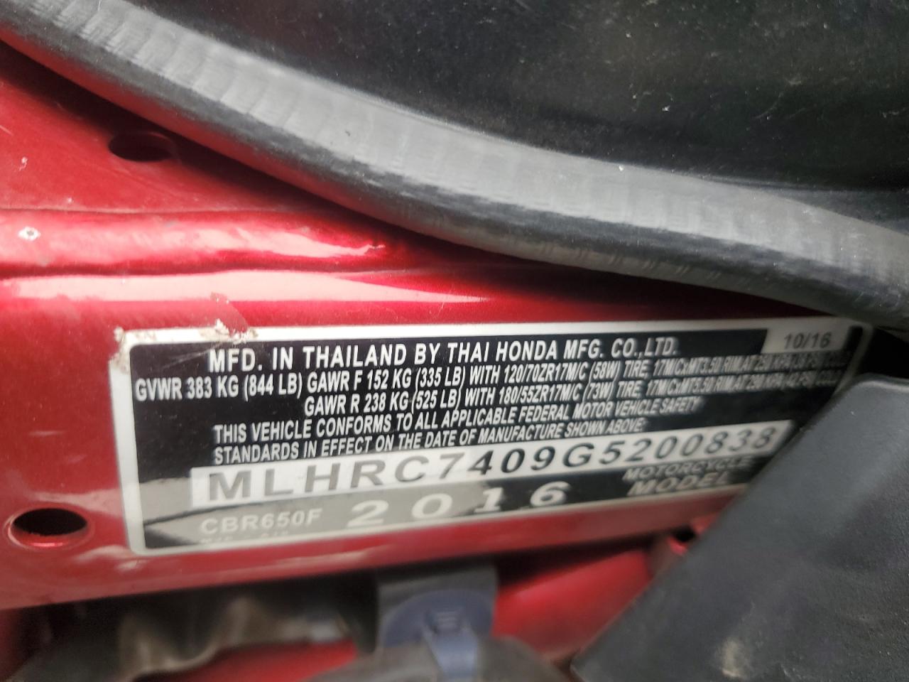 2016 Honda Cbr650 F VIN: MLHRC7409G5200838 Lot: 86649205