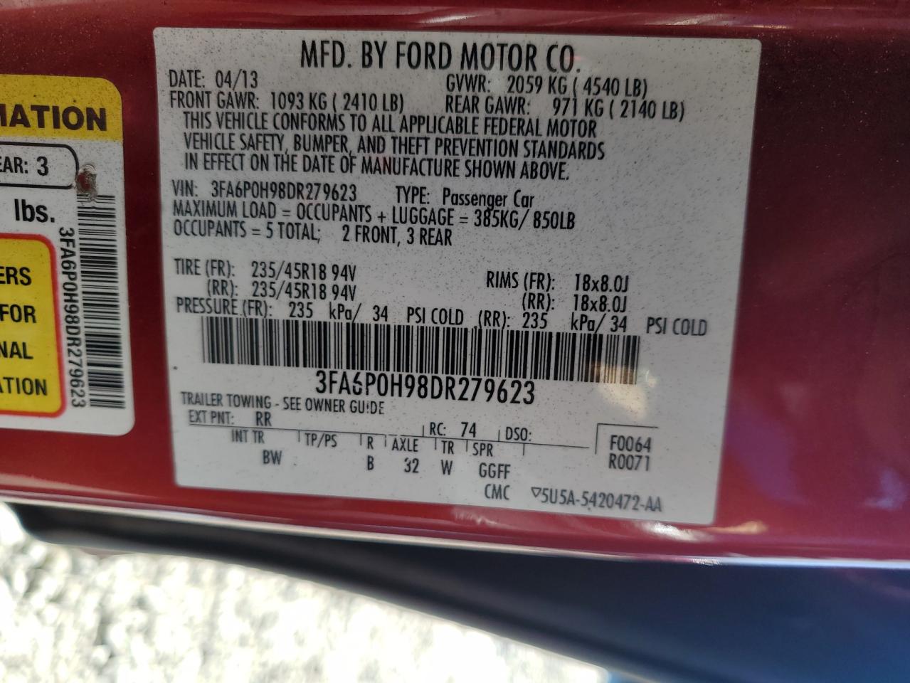2013 Ford Fusion Se VIN: 3FA6P0H98DR279623 Lot: 85511785