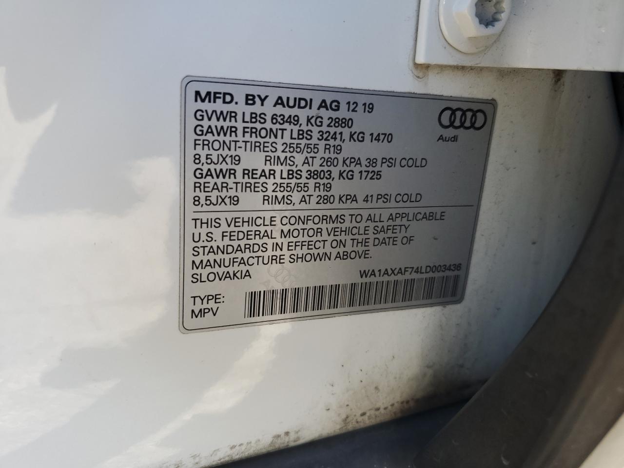 2020 Audi Q7 Premium VIN: WA1AXAF74LD003436 Lot: 86227065