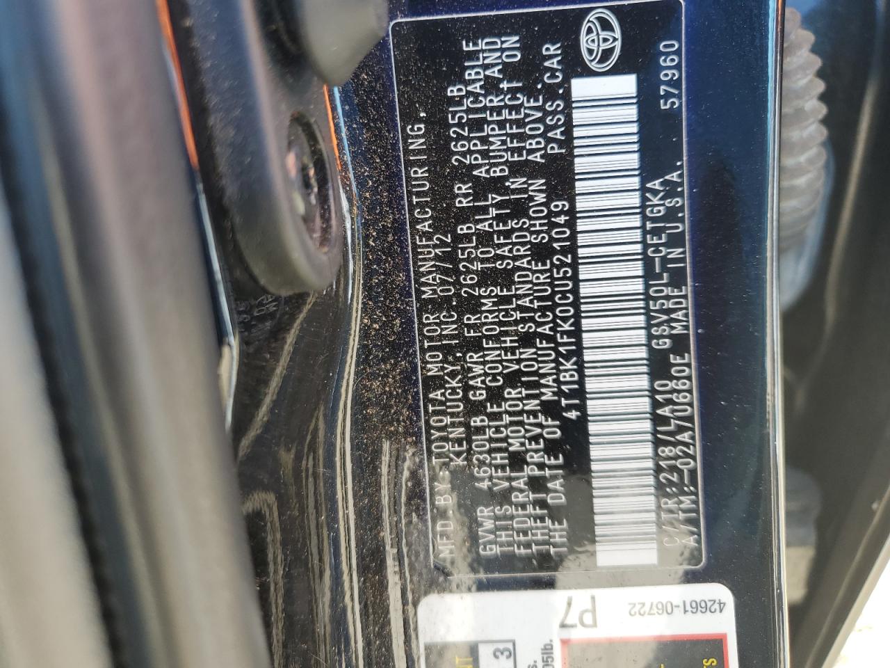 2012 Toyota Camry Se VIN: 4T1BK1FK0CU521049 Lot: 85358645