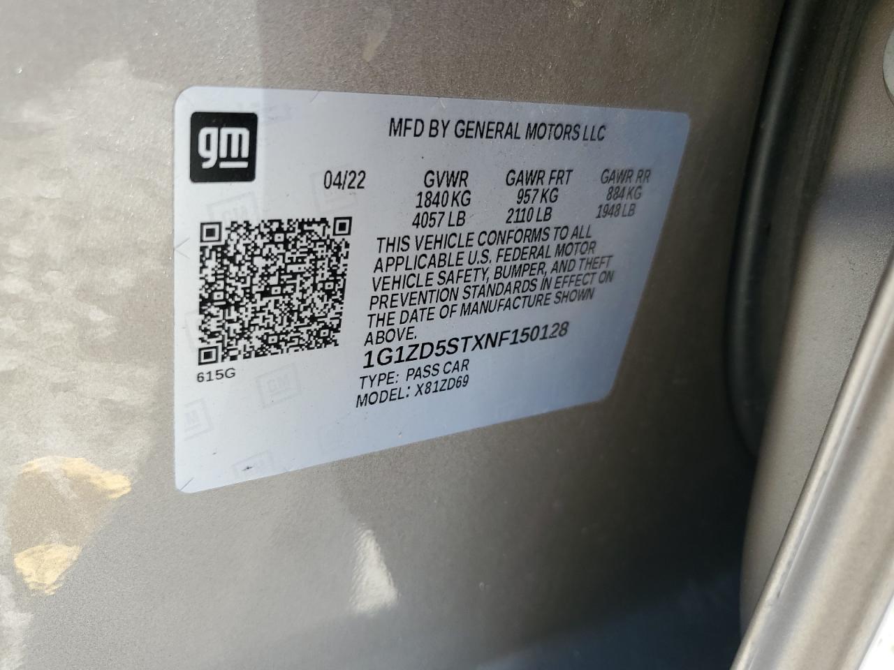 2022 Chevrolet Malibu Lt VIN: 1G1ZD5STXNF150128 Lot: 82222785