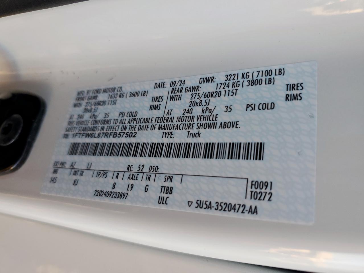 2024 Ford F150 King Ranch VIN: 1FTFW6L87RFB57502 Lot: 90310075