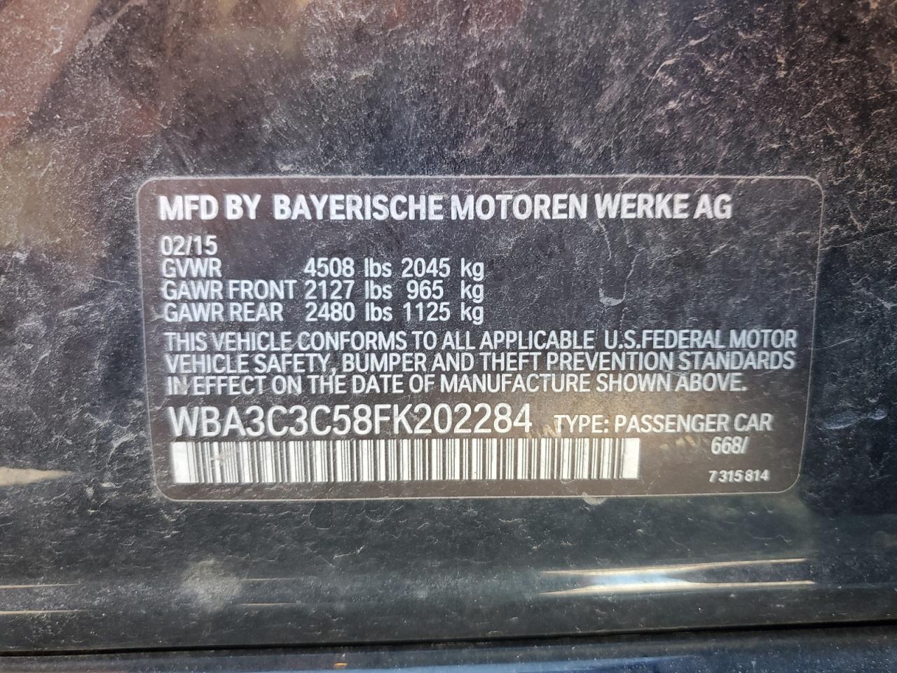 2015 BMW 320 I xDrive VIN: WBA3C3C58FK202284 Lot: 85198315