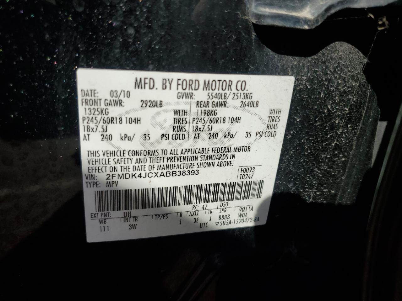 2010 Ford Edge Sel VIN: 2FMDK4JCXABB38393 Lot: 84580695