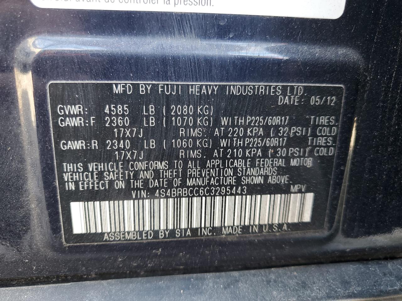 2012 Subaru Outback 2.5I Premium VIN: 4S4BRBCC6C3295443 Lot: 82351705