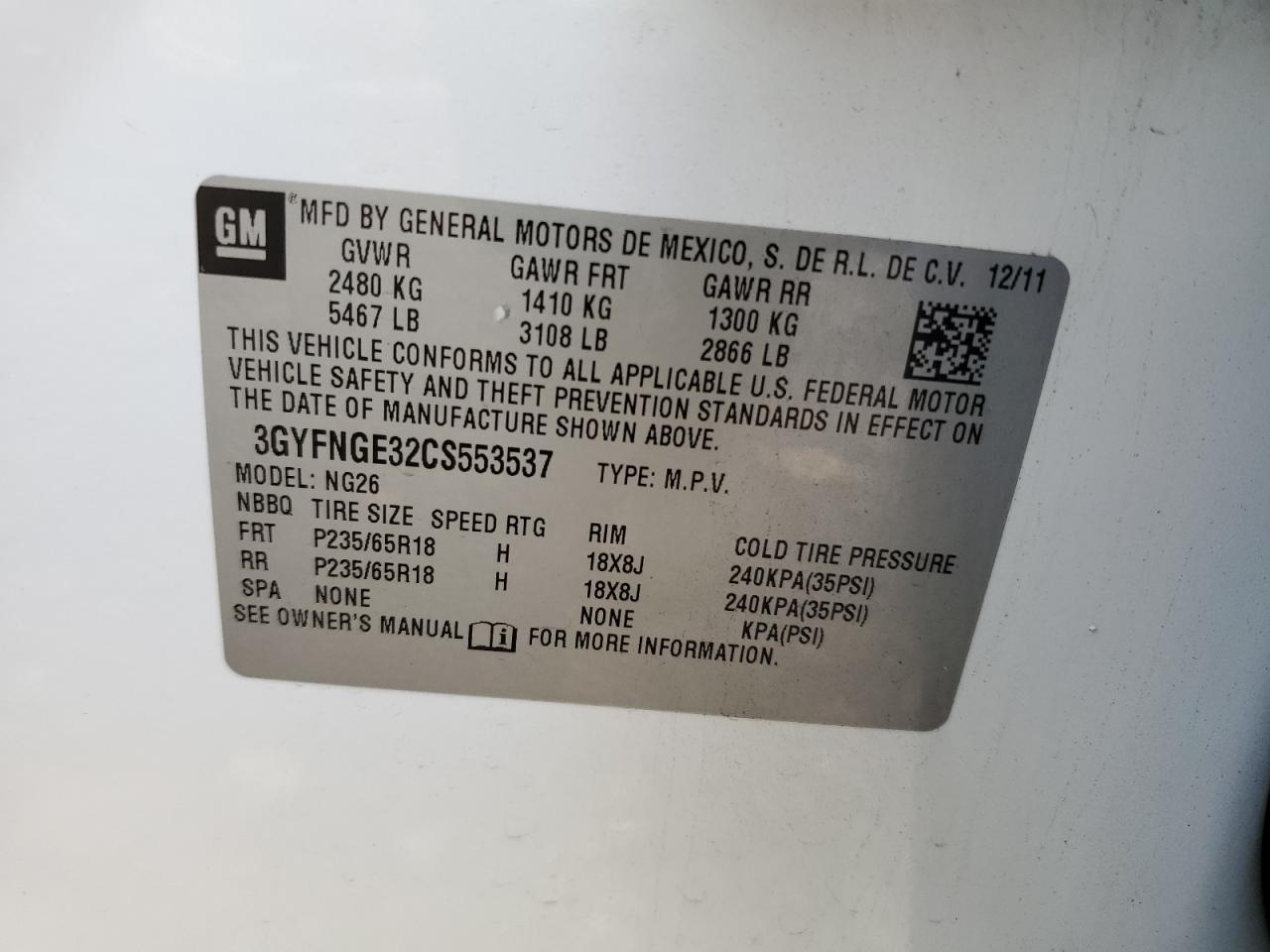 2012 Cadillac Srx VIN: 3GYFNGE32CS553537 Lot: 85486625