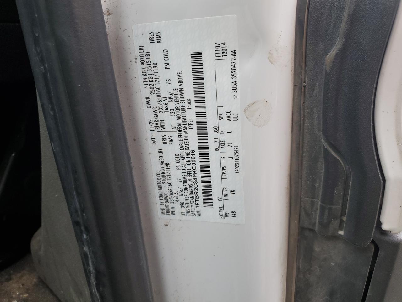 2023 Ford Transit T-250 VIN: 1FTBR2C84PKC00616 Lot: 91413055