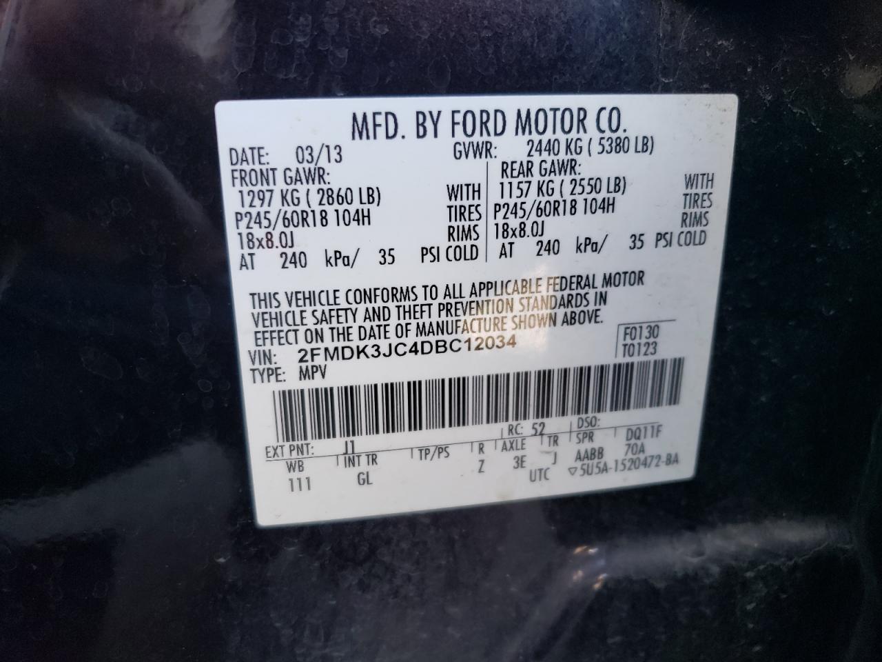 2013 Ford Edge Sel VIN: 2FMDK3JC4DBC12034 Lot: 85310275