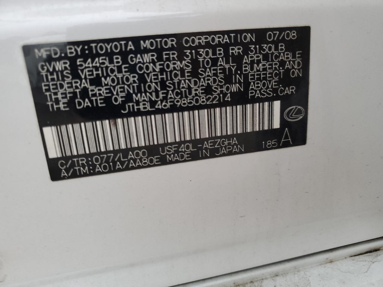 2008 Lexus Ls 460 VIN: JTHBL46F985082214 Lot: 89896625