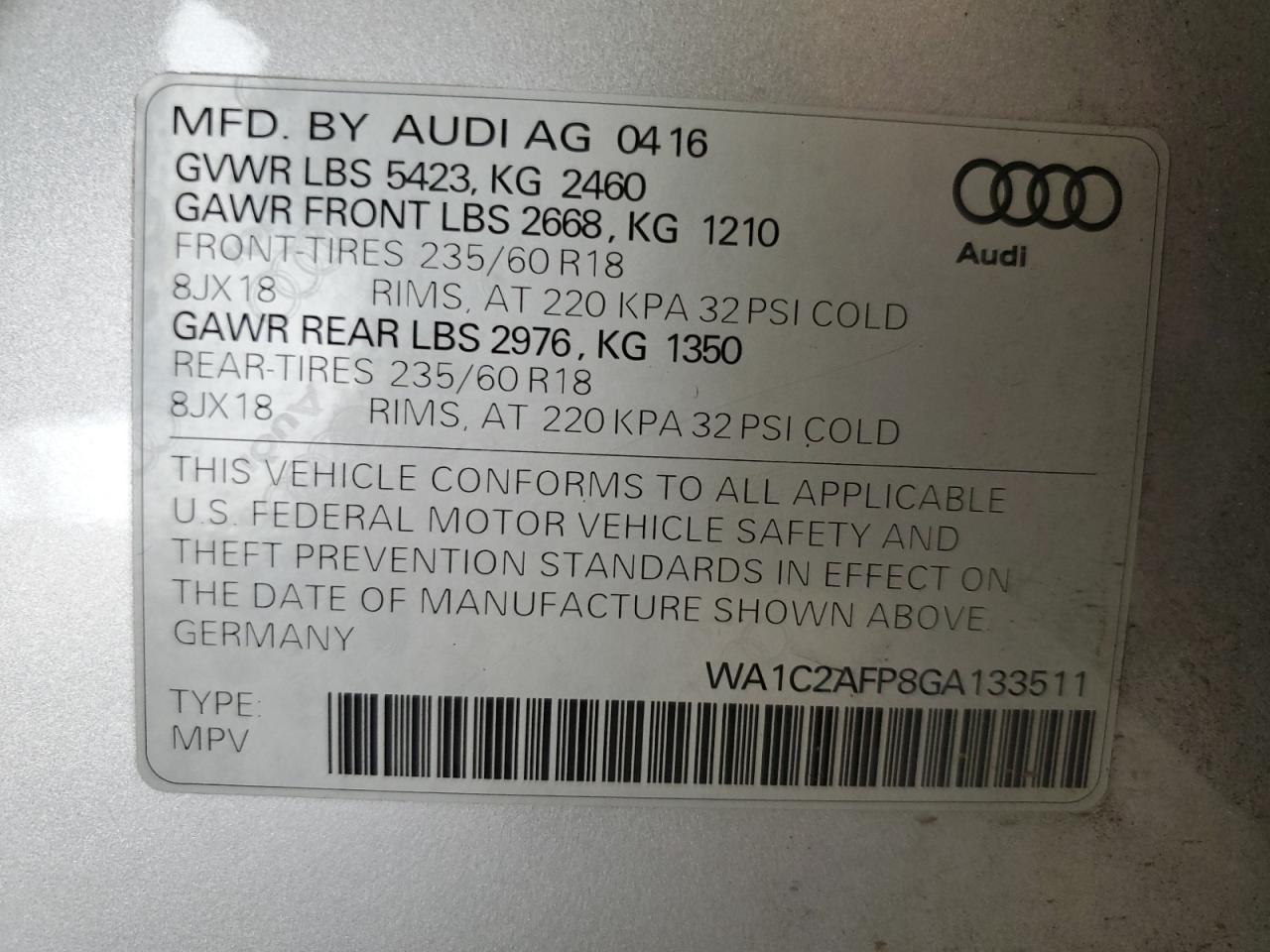 2016 Audi Q5 Premium VIN: WA1C2AFP8GA133511 Lot: 85716985