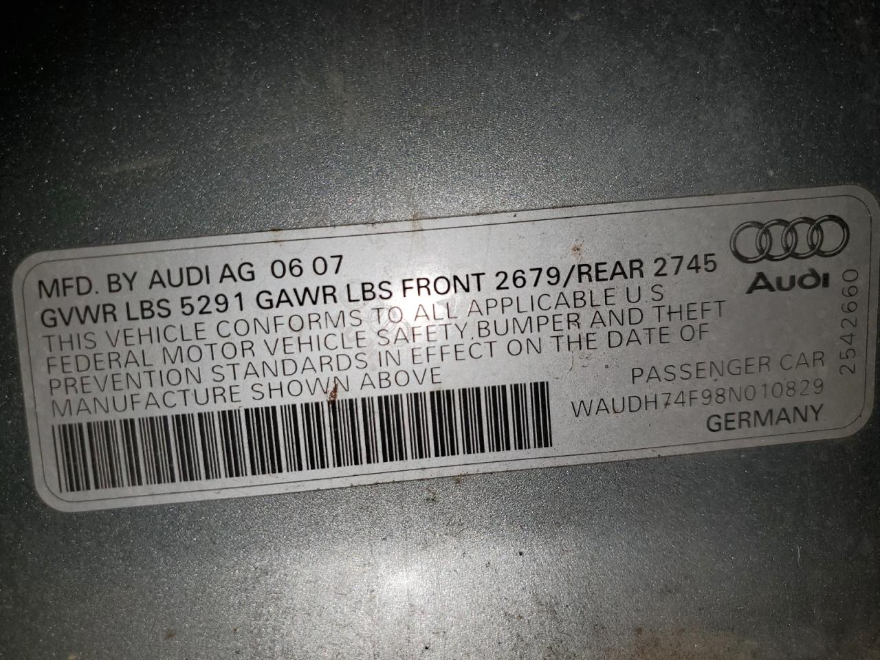 2008 Audi A6 3.2 Quattro VIN: WAUDH74F98N010829 Lot: 82488205
