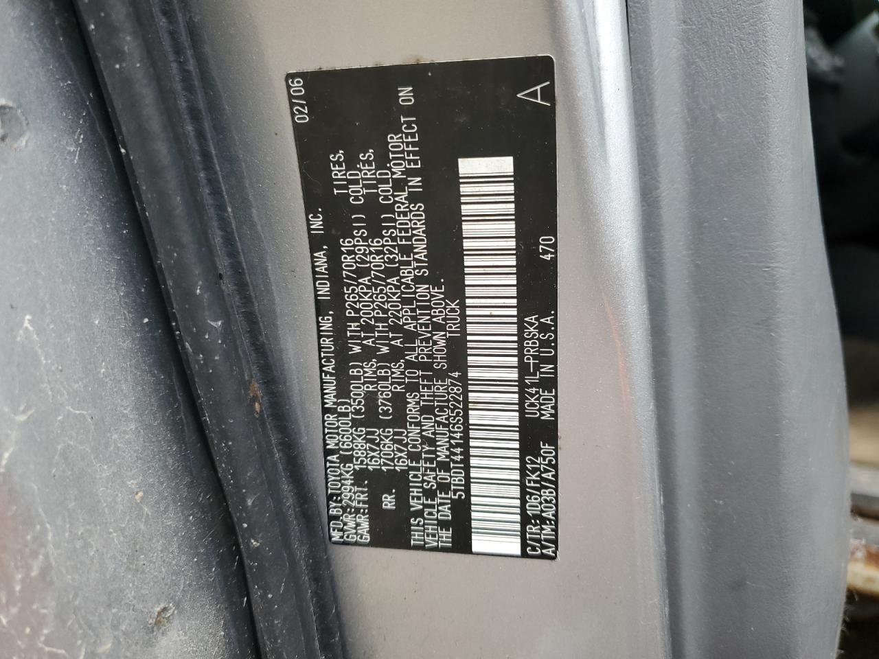 2006 Toyota Tundra Double Cab Sr5 VIN: 5TBDT44146S522874 Lot: 82431315