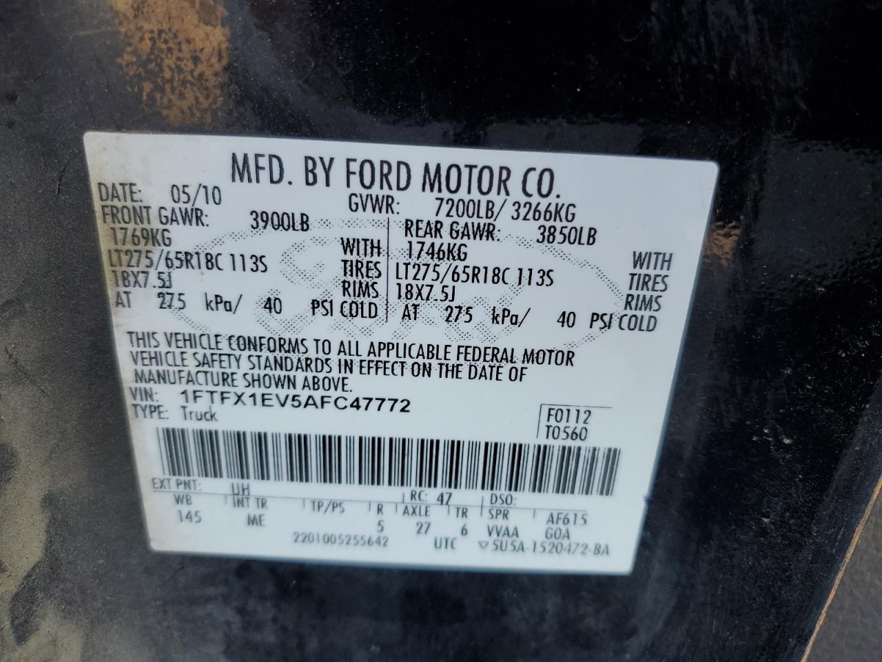 2010 Ford F150 Super Cab VIN: 1FTFX1EV5AFC47772 Lot: 85872645
