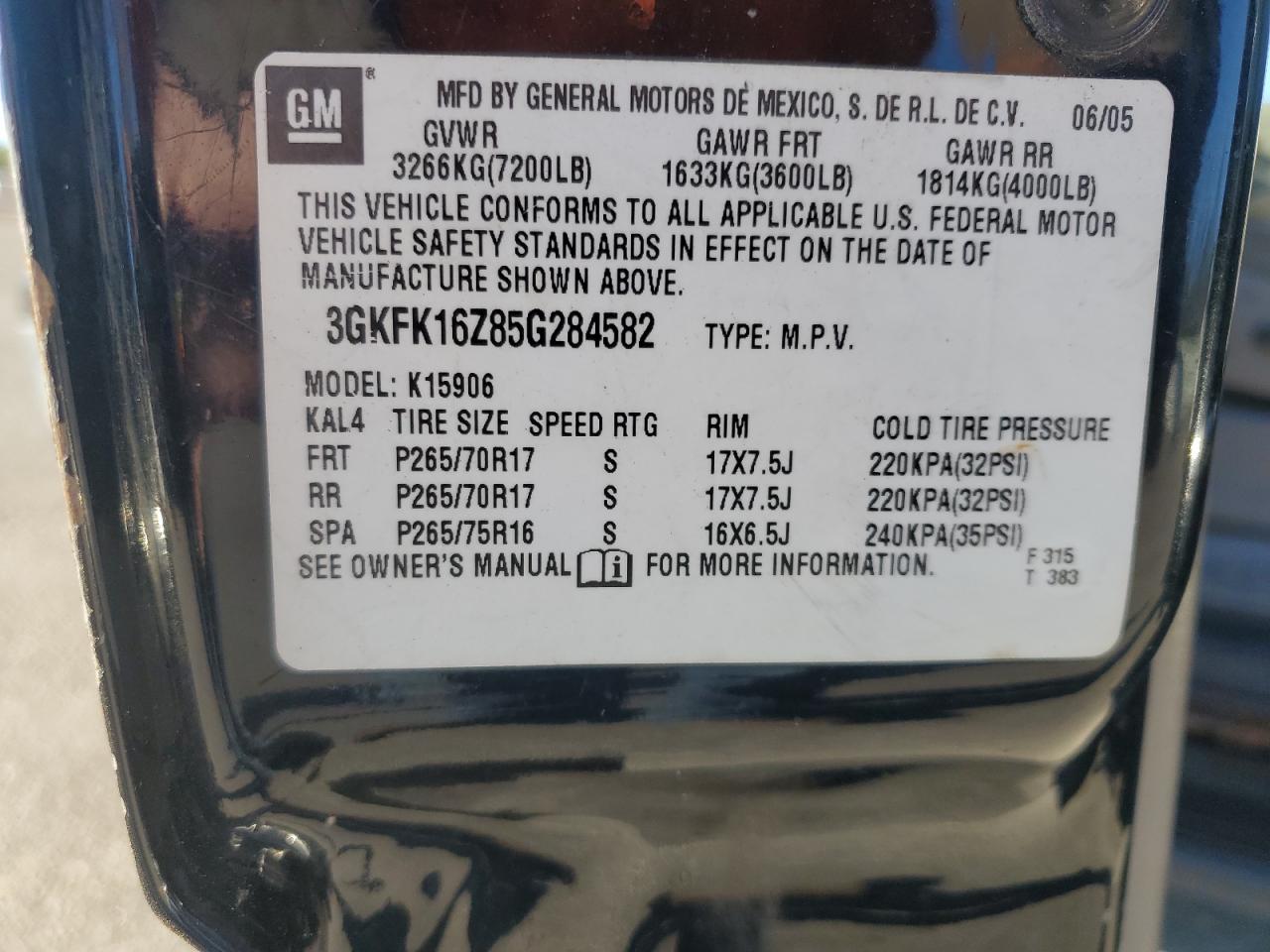 2005 GMC Yukon Xl K1500 VIN: 3GKFK16Z85G284582 Lot: 86864605