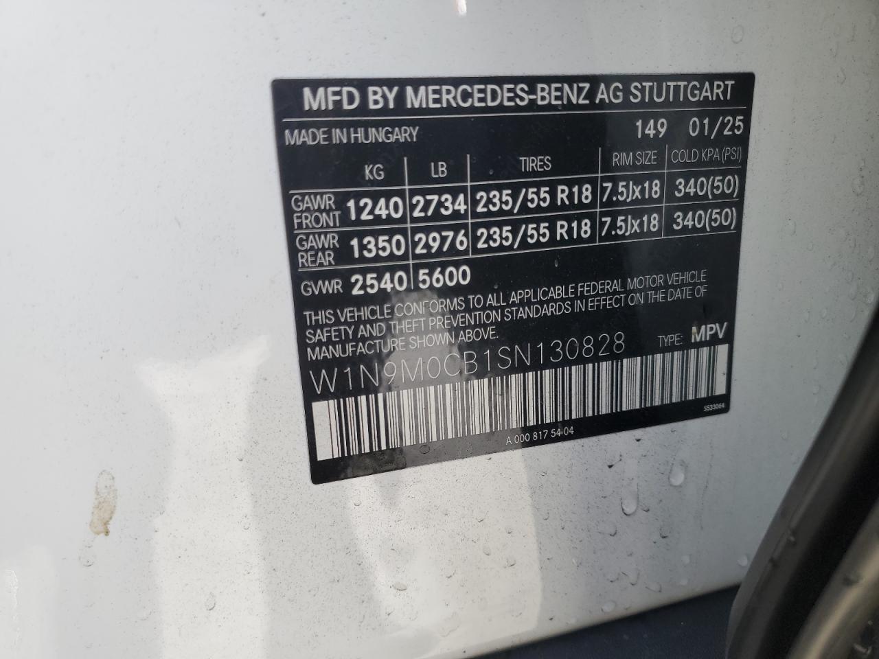 2025 Mercedes-Benz Eqb 250+ VIN: W1N9M0CB1SN130828 Lot: 86692345